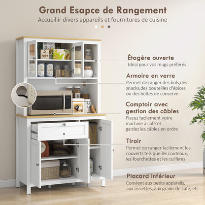 Keukenkast – Keukenbuffet – Vitrinekast – Opbergkast – Hoge Kast – 5 Deuren Inclusief 2 Glazen Deuren – Met Lade En Kabeldoorvoer – 180 cm Hoog – Witte MDF Afwerking