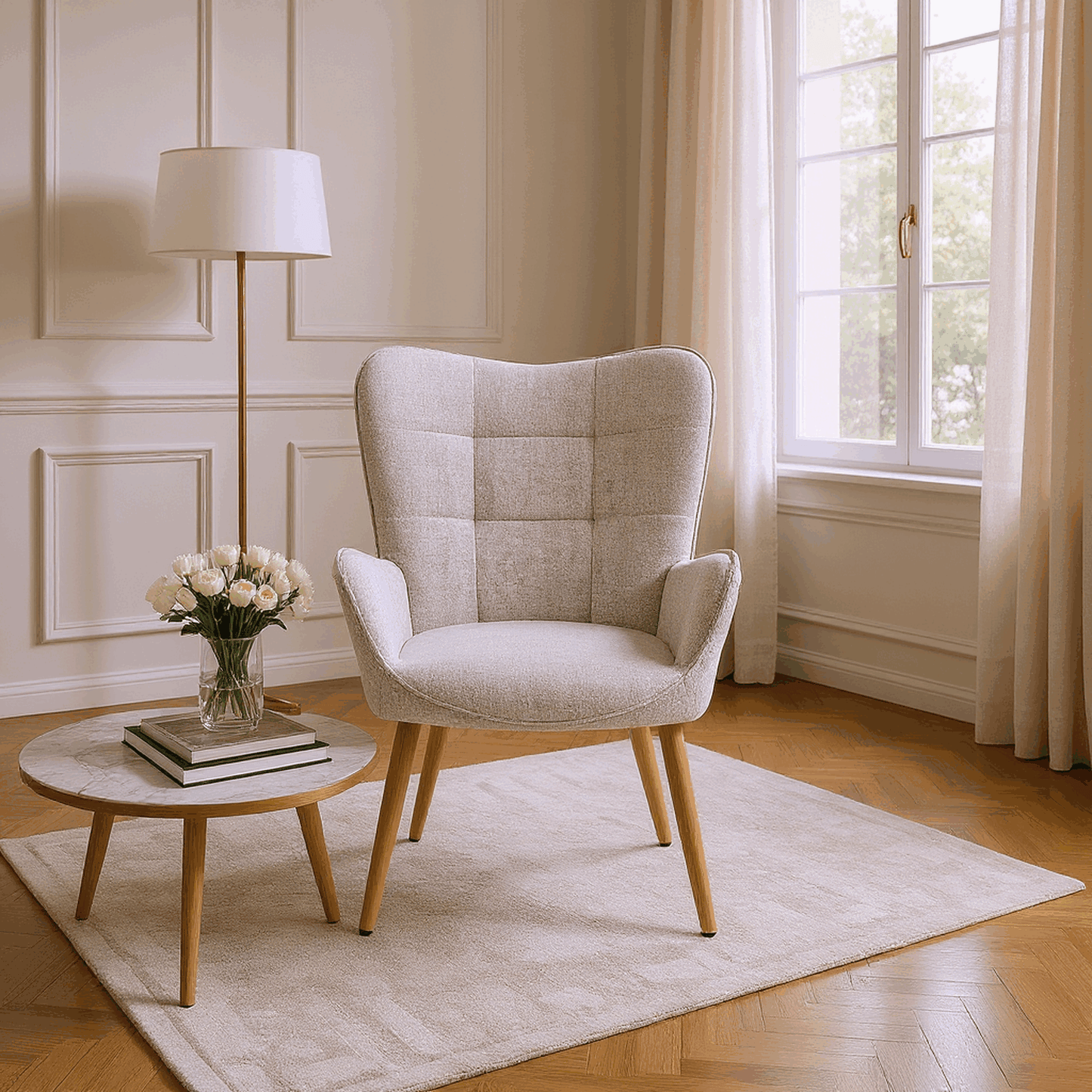 Fauteuil – Zitzetel – Lounge Stoel – Eenpersoonsstoel – Accentstoel – Comfortabele Teddystof Bekleding – Stevige Houten Poten – Grijs – 72x62x90,5 cm