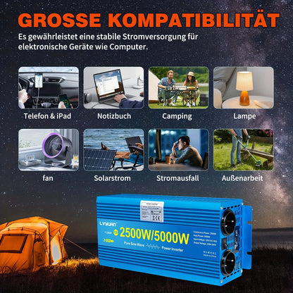 LVYUAN Pure Sine Wave Power Inverter 2500 Watt/5000W (Peak) 12V DC to 220V AC Converter, 2 AC Outlets Car Inverter with LCD Display for Car Boat Truck RV Solar Power Travel Camping, Portable Power Supply, Lightweight Design,