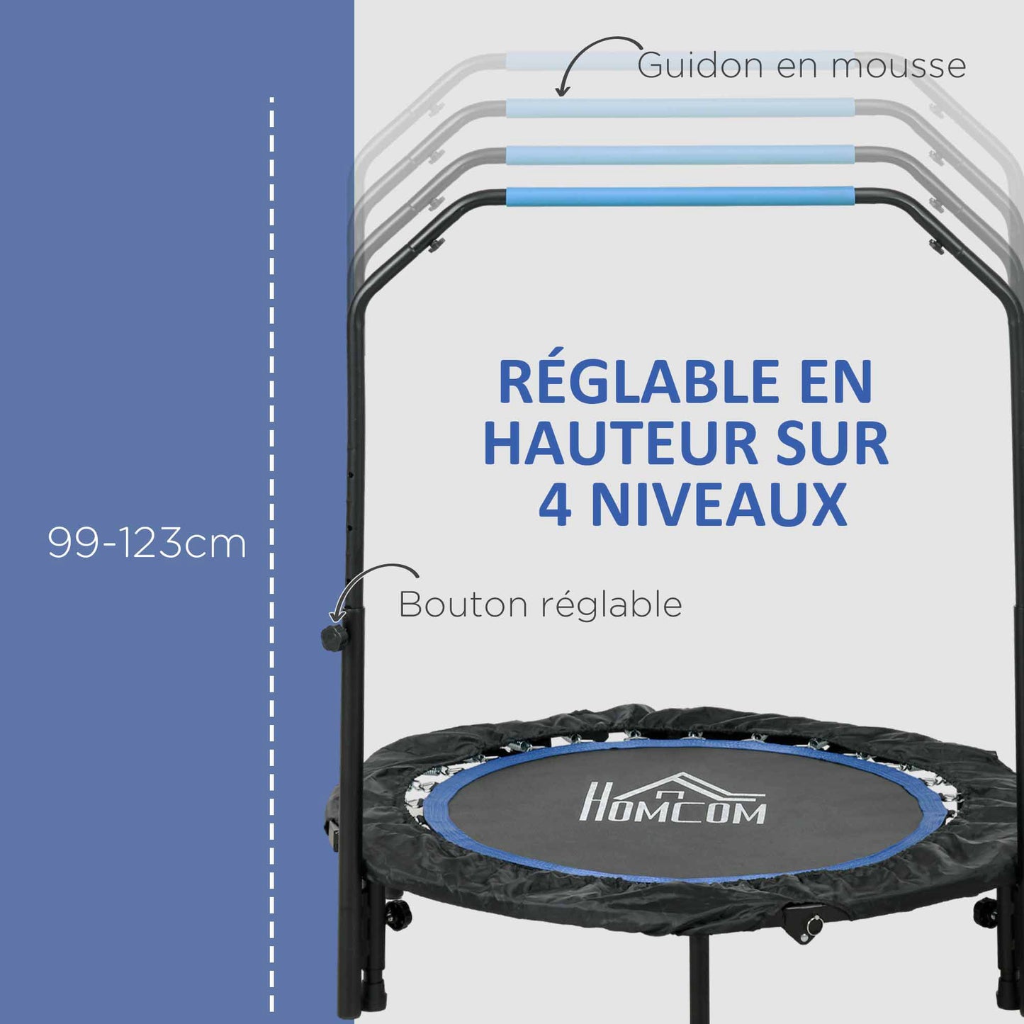 Fitness Trampoline – Gymnastiek Trampoline – Springmat – Opvouwbare Trampoline – Mini Trampoline – Verstelbare Handgreep 99-123 cm – 6 Antislip Poten – Ø102 cm – Zwart