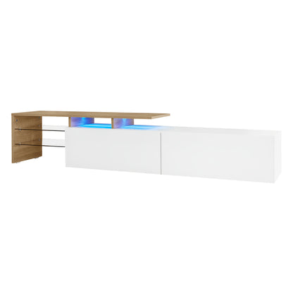 Contemporary TV Unit Design: Chic And Sophisticated, Functional Storage Options, Glossy White Finish, Wood Appearance, Glass Shelving.