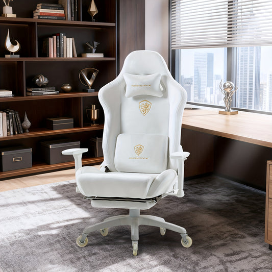 Gamingstoel – Gamestoel – Bureaustoel – Racestoel – Zitzak – Ergonomisch Met 3D Armleuningen – Verstelbare Voetsteun Wit PU Suède