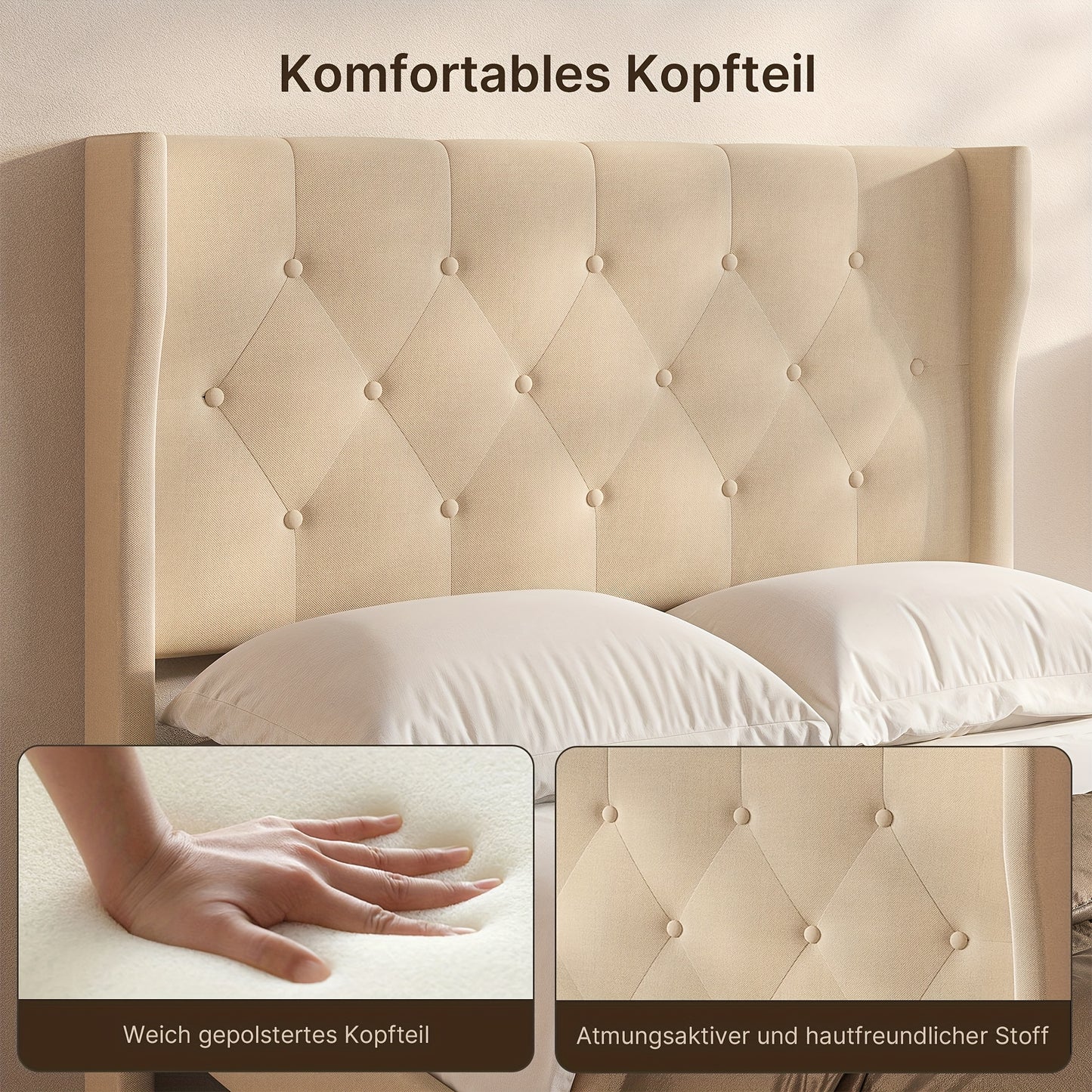 Gepolsterd Bedframe – Bedframe Met Bekleding – Gestoffeerd Bed – Slaapkamerbed – Houten Lattenbodem – Beige Kleur – 20 cm Opbergruimte – Makkelijk Te Monteren