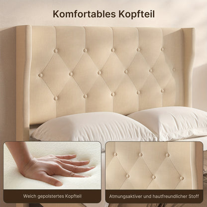 Gepolsterd Bedframe – Bedframe Met Bekleding – Gestoffeerd Bed – Slaapkamerbed – Houten Lattenbodem – Beige Kleur – 20 cm Opbergruimte – Makkelijk Te Monteren