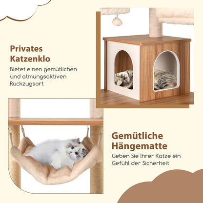 Krabpaal Kat – Krabmeubel – Klimpaal – Speelboom – Activiteitentoren – 168 cm Hoog – Inclusief Hangmat & Speelballen – Beige/Naturel