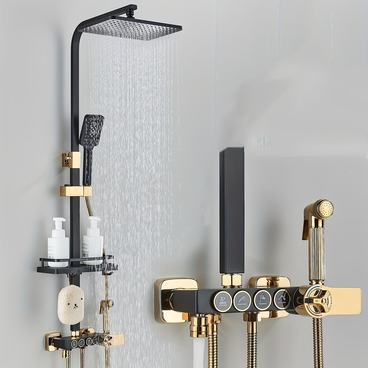 Regendouche – Douchesysteem – Douche Set – Douchekraan – Thermostaatkraan – Roestvrij Staal – Mat Zwart Gouden Afwerking