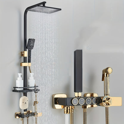 Regendouche – Douchesysteem – Douche Set – Douchekraan – Thermostaatkraan – Roestvrij Staal – Mat Zwart Gouden Afwerking