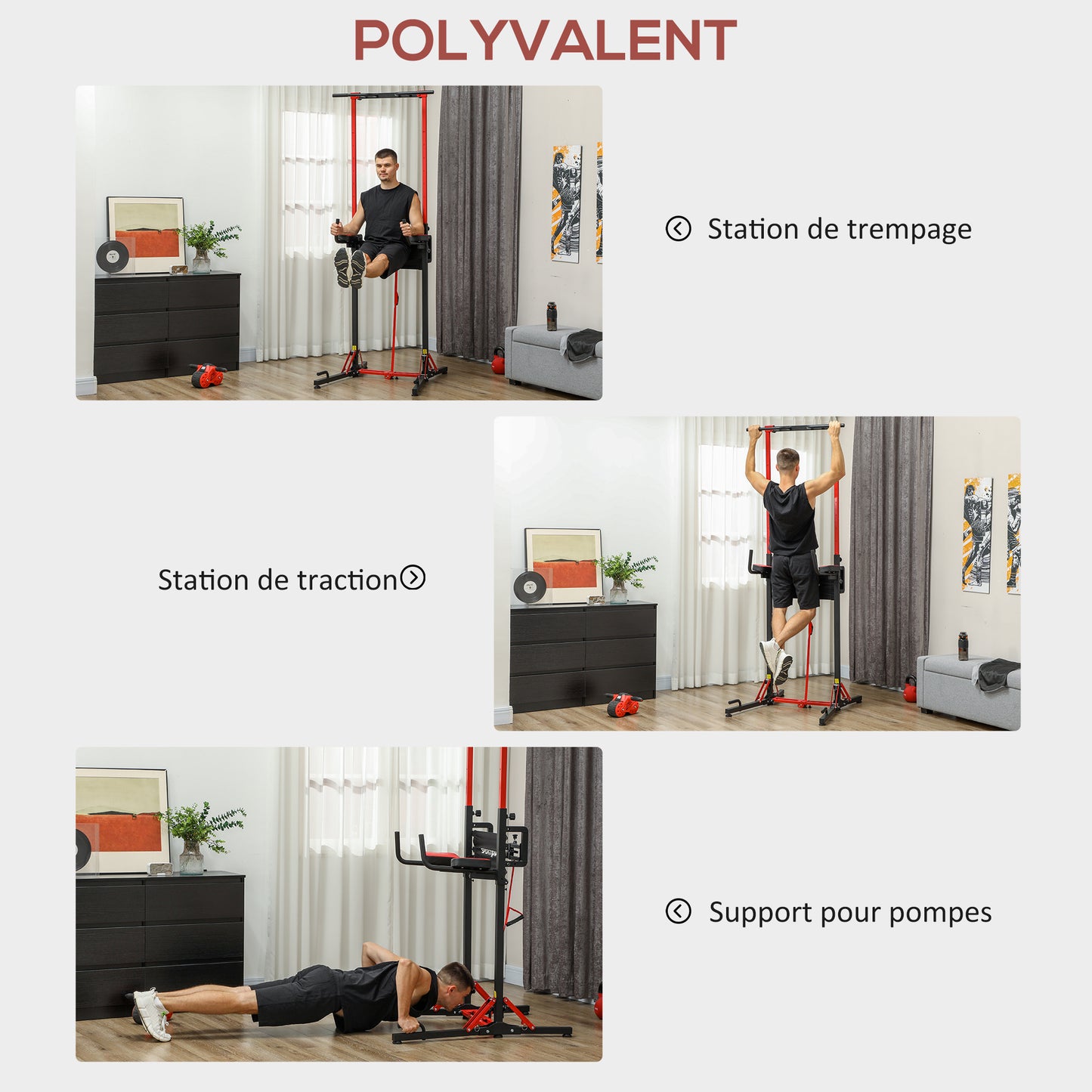 Pull-up Bar – Optrekstang – Dips Station – Fitness Rek – Trainingsstation – Inklapbaar – Verstelbare Hoogte 127-223 cm – Staal Zwart/Rood