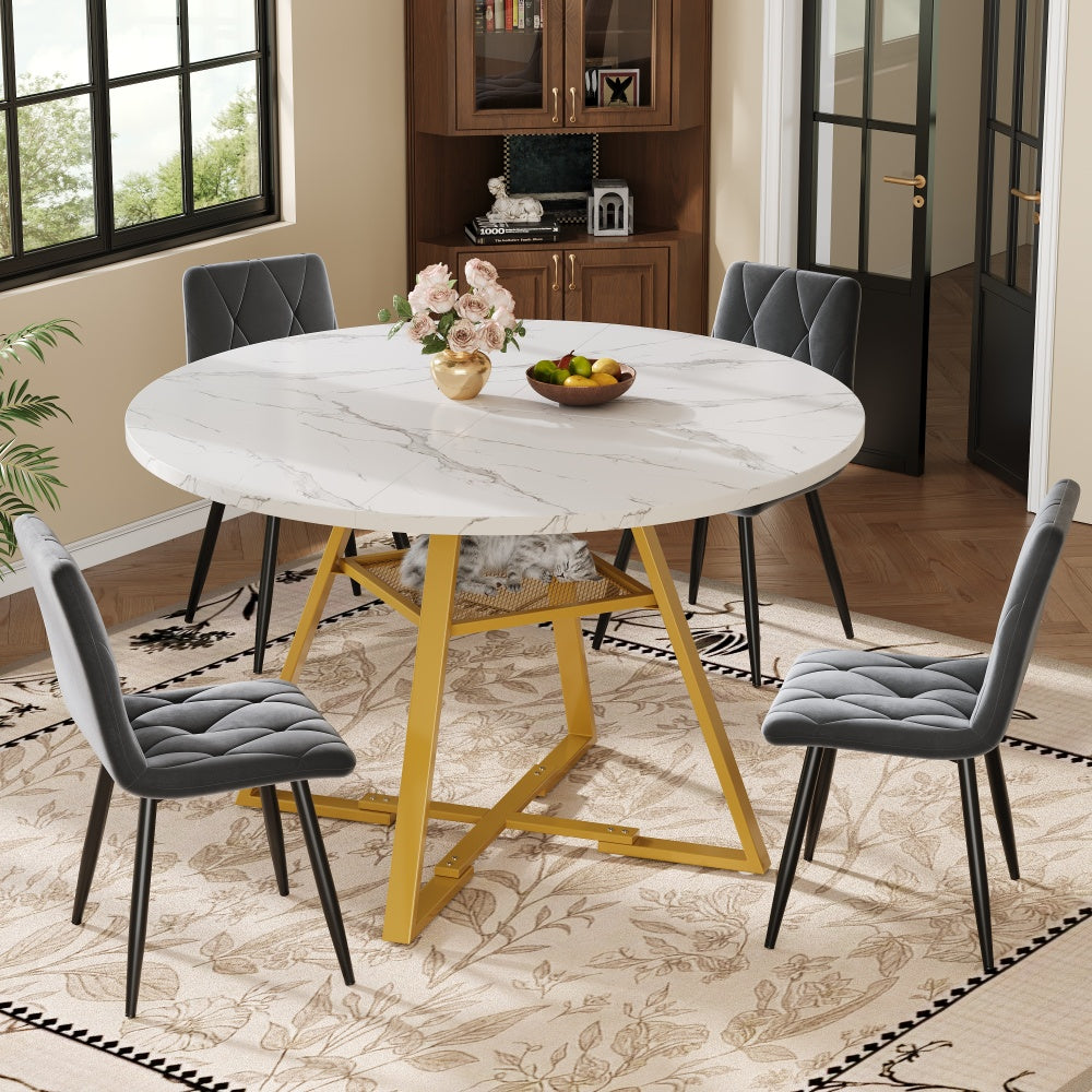 Ronde Eettafel – Eettafel Rond – Ronde Tafel – Tafel Marmerlook – Ronde Eetkamertafel – Marmerlook Tafelblad – Metalen Zwarte Poot – Eigentijds Ontwerp