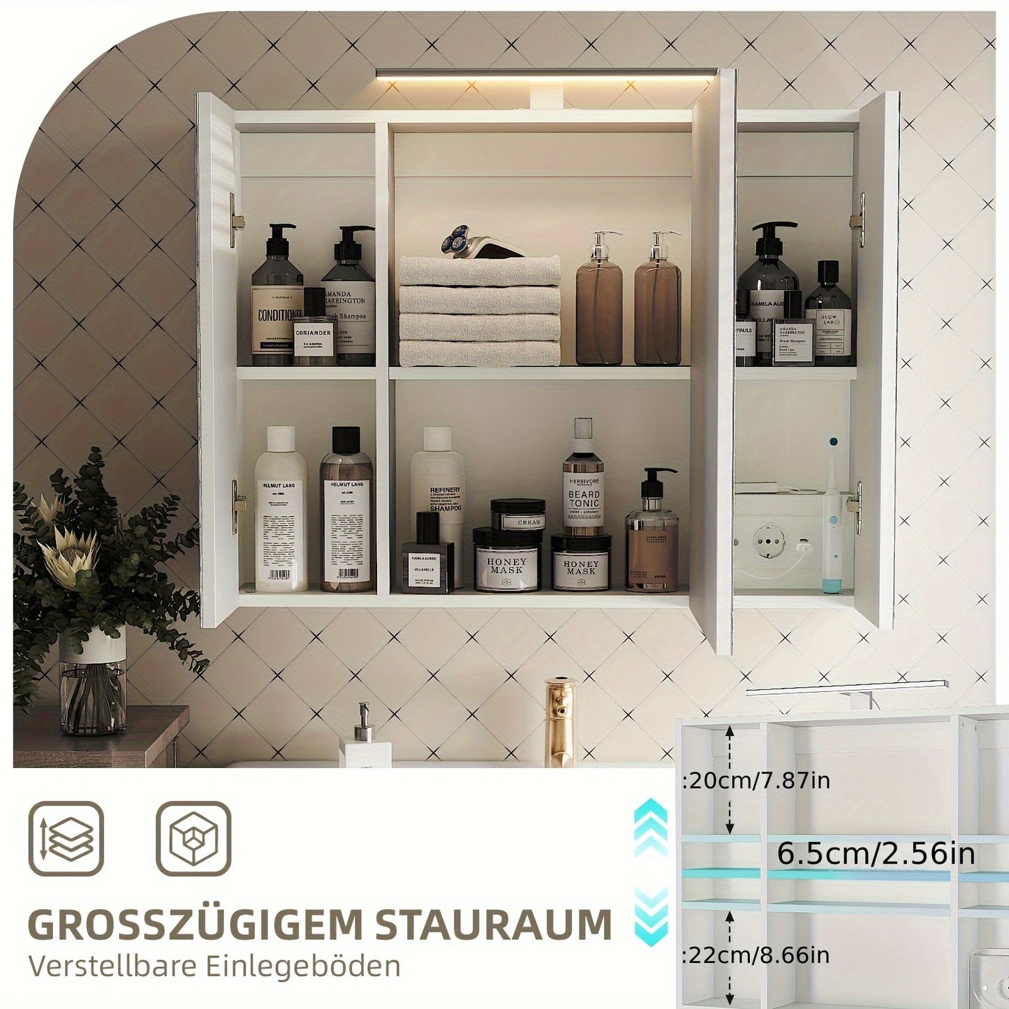 Spiegelkast – Badkamerkast – Medicijnkast – Opbergkast – Wandkast – LED-Verlichting – USB-Aangedreven – 3 Deuren – Duurzaam Wit