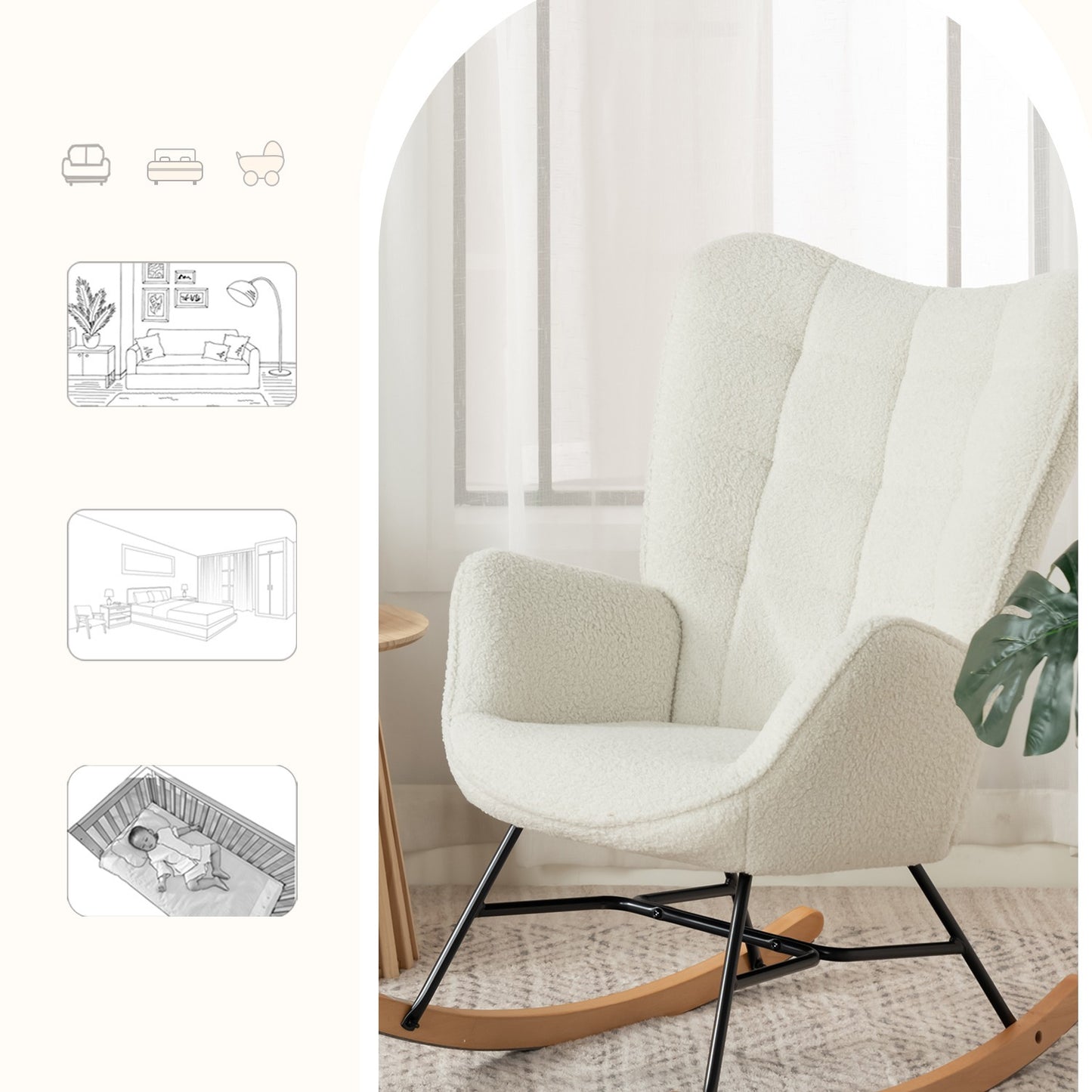 Schommelstoel – Schommelstoel Met Armleuning – Wiegstoel – Relaxstoel – Scandinavische Fauteuil – Beige – Sherpa Bekleding – Massief Beukenhout Met Metalen Frame – 84x68x99 cm