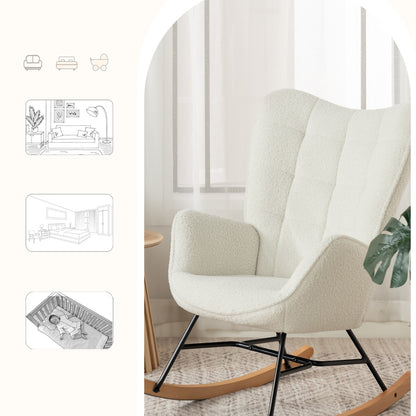 Schommelstoel – Schommelstoel Met Armleuning – Wiegstoel – Relaxstoel – Scandinavische Fauteuil – Beige – Sherpa Bekleding – Massief Beukenhout Met Metalen Frame – 84x68x99 cm