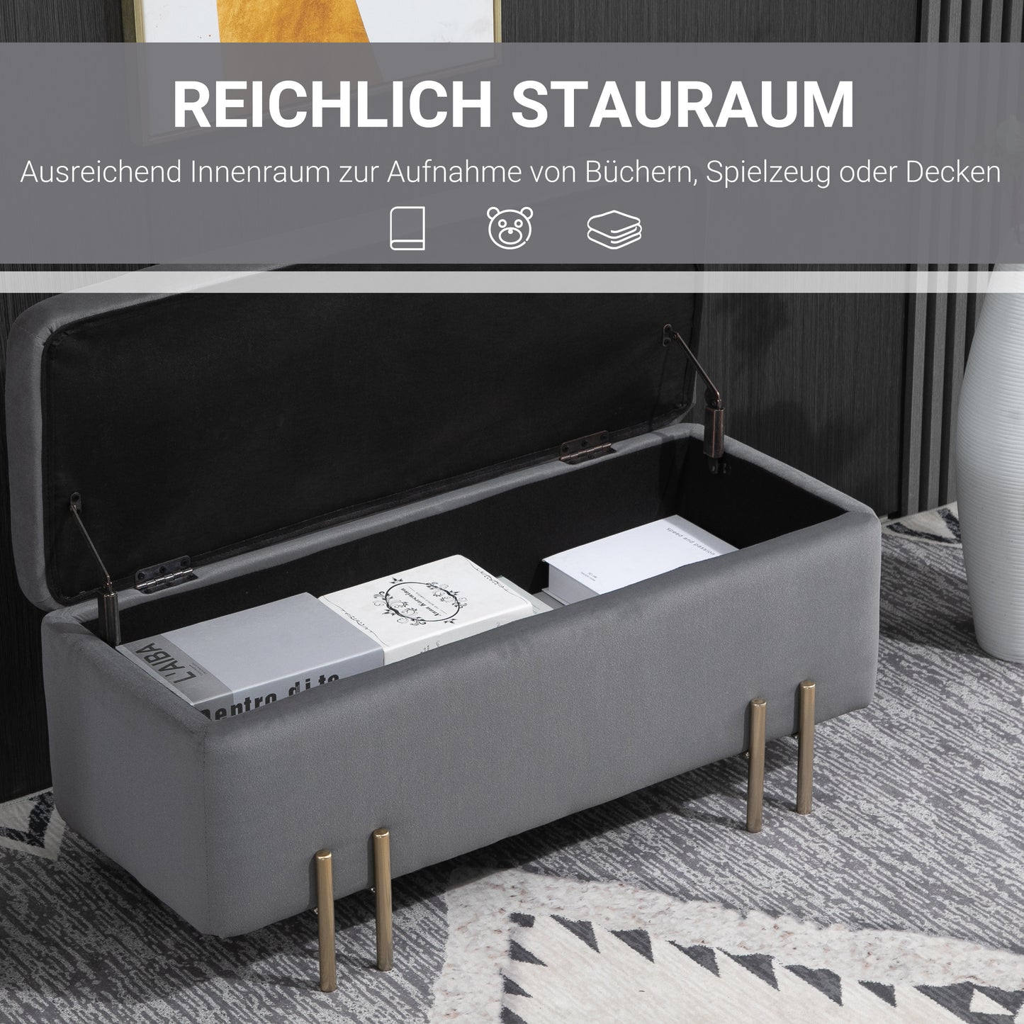 Opbergbank – Opbergbank – Bankje – Opbergkist – Hocker – Donkergrijs – 70 Liter Opbergruimte – Stevig Rubberhout Metalen Pooten
