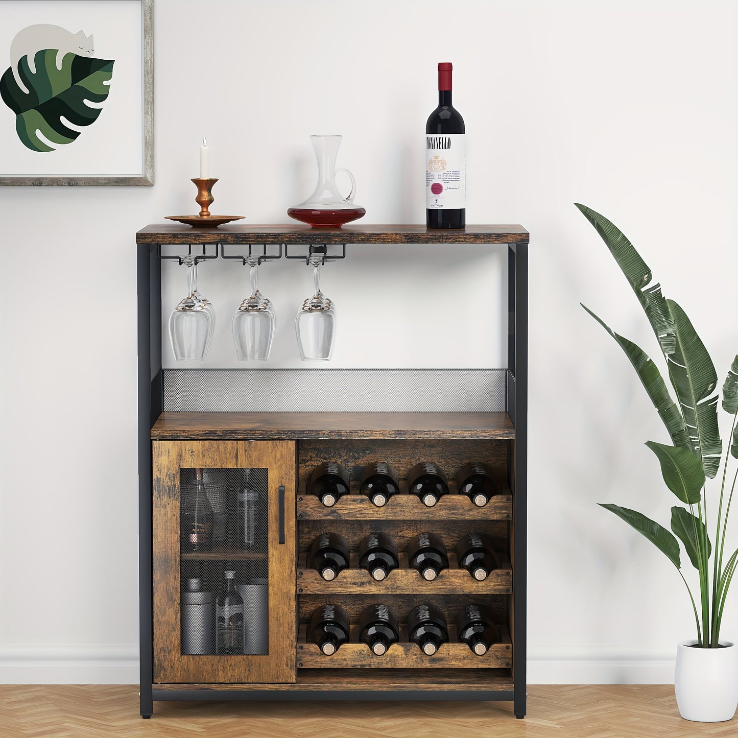 Barkast – Wijnkast – Drankkast – Keukentrolley – Opbergkast – Verstelbare Planken – Houten Metaal Constructie – Mesh Deur – Valbeveiliging – Vrijstaand – Rustiek Bruin
