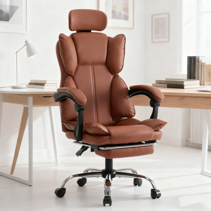 Bureaustoel – Gamingstoel – Werkstoel – Office Chair – Thuiswerkstoel – Verstelbare Hoogte – PU Lederen Bekleding – Zachte Schuimzitting – Stevige Rugondersteuning – Bruin