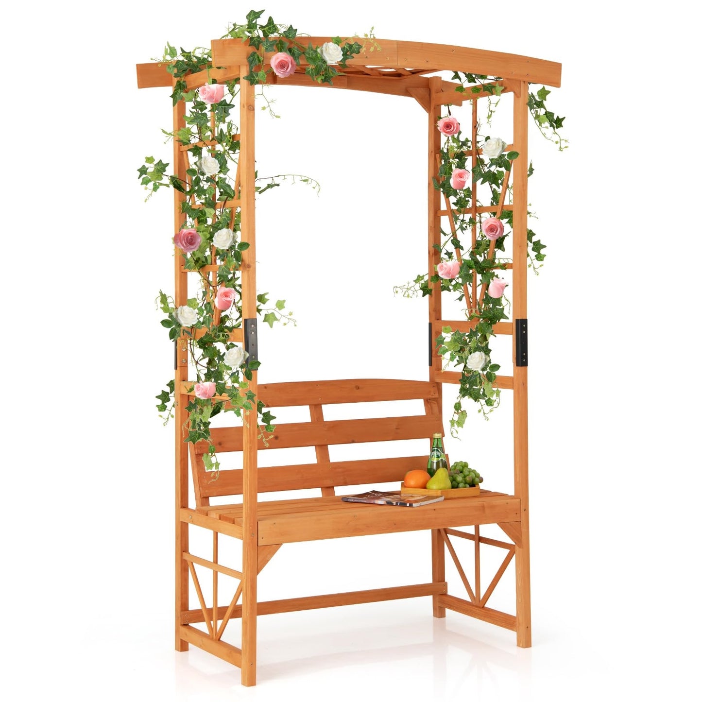 Rozenboog met Bankje – Houten Tuinboog – Klimplant Steun – Tuinbankje – Pergola – 2-Zits Bank – Weerbestendig Dennenhout – 120 x 58 x 189 cm