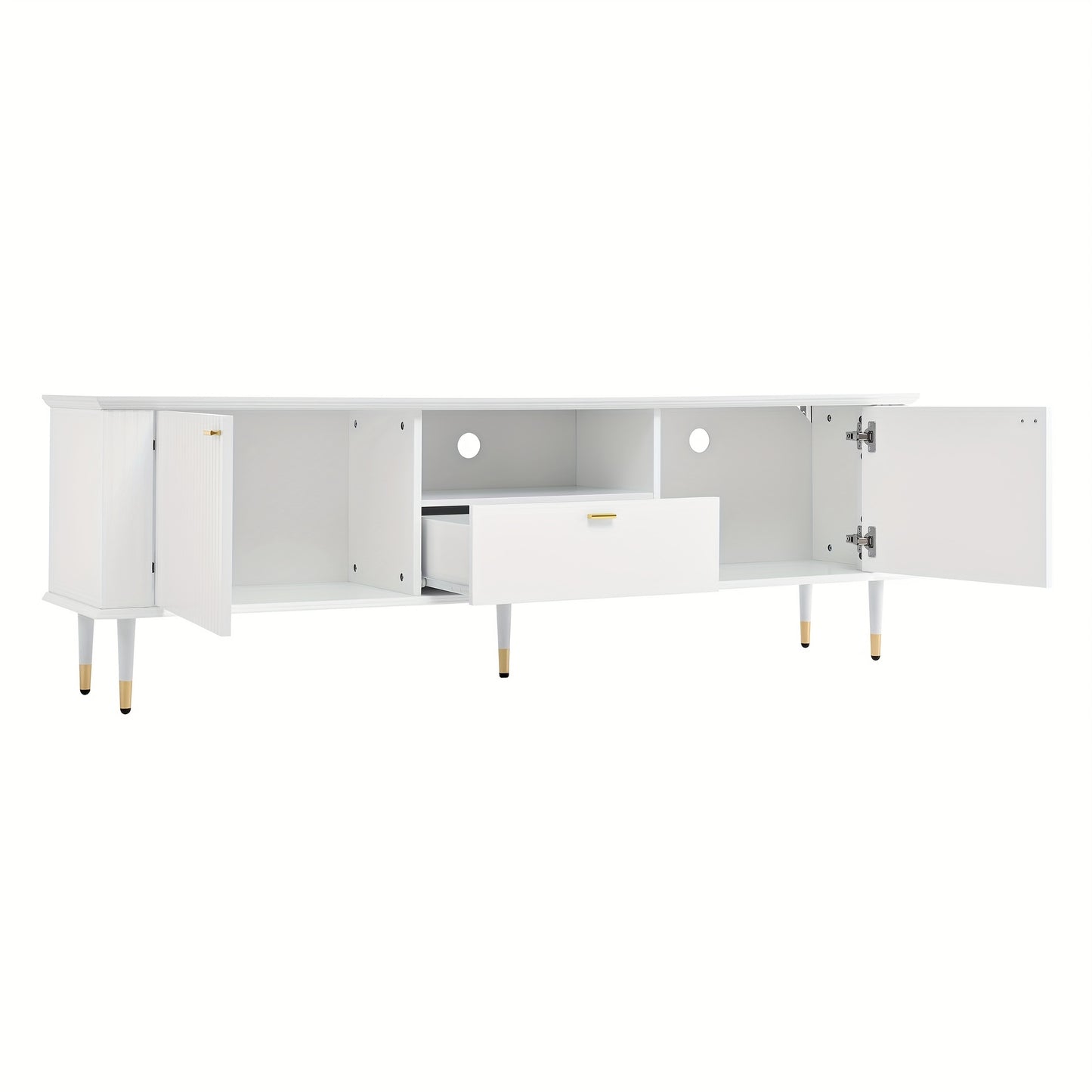 Modern White & Golden Metal TV Stand with Open Shelves & Drawers - Heavy-Duty Lacquered Textured Cabinet, Cushioned Hinges, Minimalist Media Console for Flat-Screen TVs, Easy Assembly (No Wood)