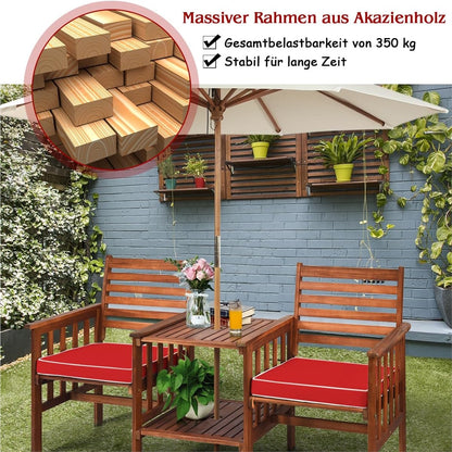 Tuinbank – Buitenbank – Houten Bank – Zitbank – Balkonbank – Acaciahouten Tuinbank Met Tafel – Kussen Inclusief – Parasolgat – 165x65x88 cm – Draagvermogen 350 kg