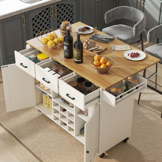 White Metal Mobile Kitchen Island Cart with Wood-Grain Tabletop, Adjustable Dividers, Towel & Spice Racks, Removable Cabinet Doors & Lower Storage - Heavy-Duty Rolling Cabinet with Upper Display Shelf, Easy Assembly, Space-Sa