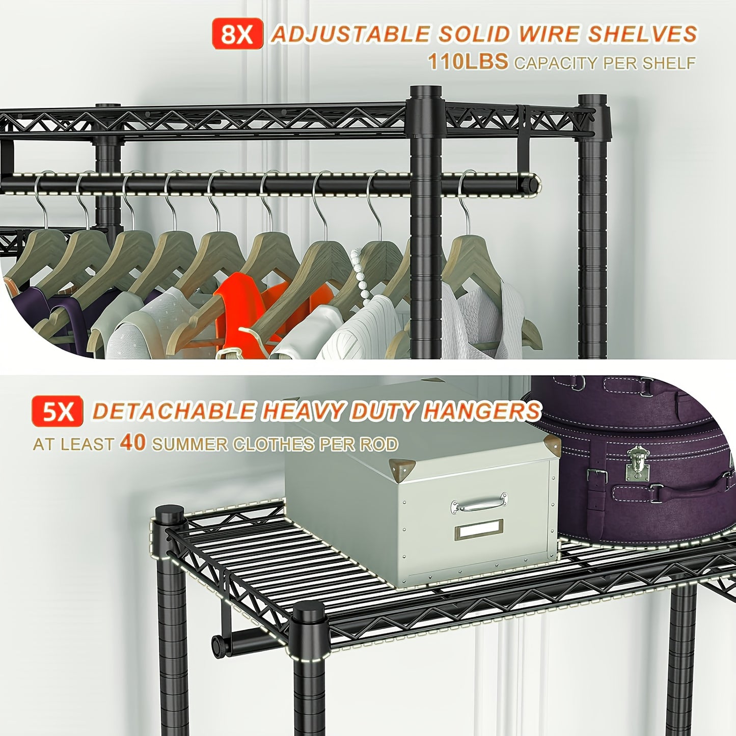 Heavy Duty Kledingrek – Kledingstender – Garderoberek – Kledinghanger – Kastorganizer – Extra Groot – 410,5 KG Capaciteit – 8 Planken & 5 Hangstangen – Roestvrij Stalen Frame – Vrijstaand – Ruimtebesparend Verticaal Design