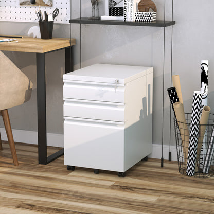 Mobiele Opbergkast – Bureaukast – Ladekast – Archiefkast – Werkplek Opberger – Wit – Stalen Constructie – Met Slot – 3 Lades – Wieltjes – Compact & Ruim