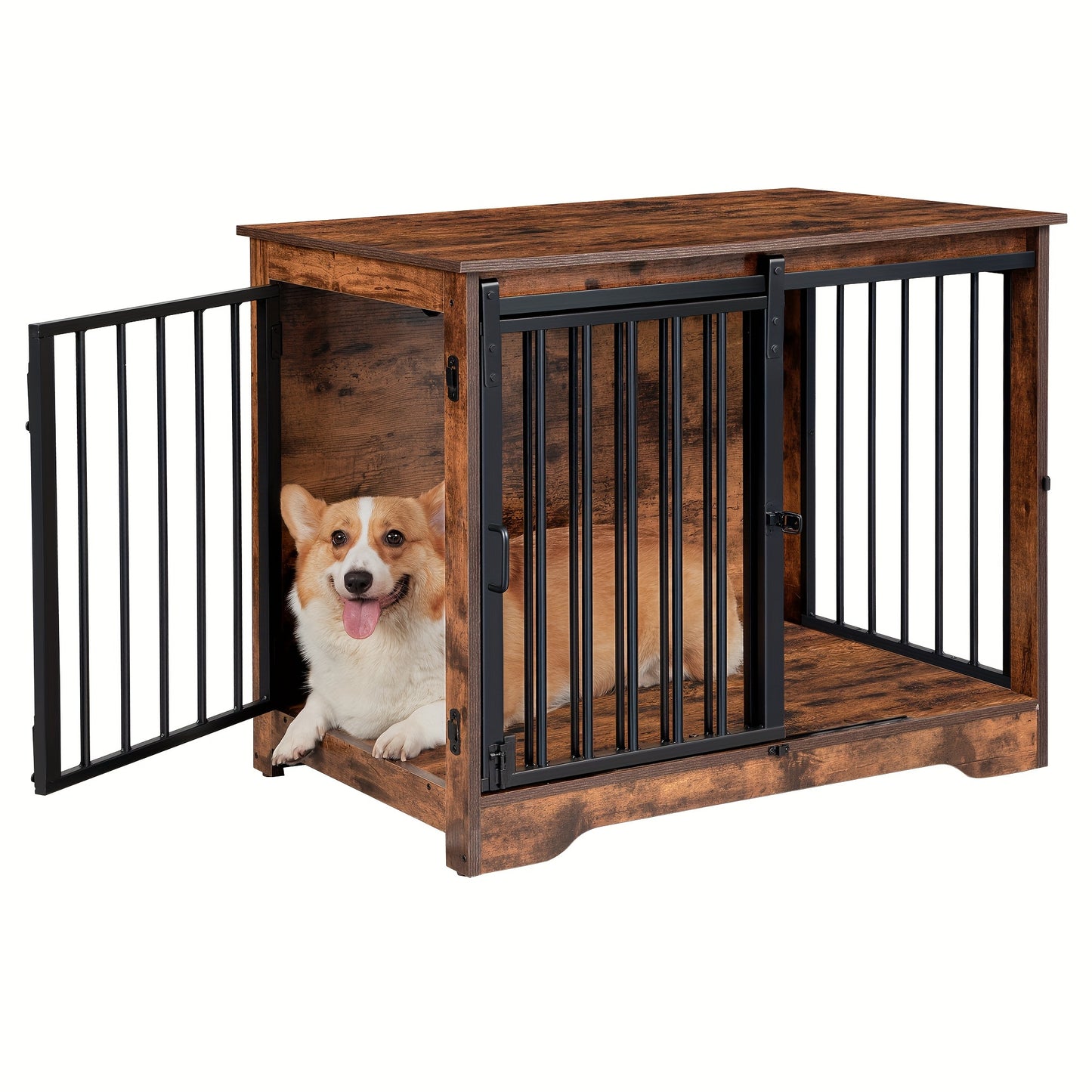 Hondenbench – Hondenkooi – Hondenhok – Hondenbench Met Bijzettafel – Hondentuin – Rustic Bruin Wit – Duurzaam Vezelplaat – Dubbele Deuren Met Slot