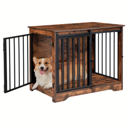 Hondenbench – Hondenkooi – Hondenhok – Hondenbench Met Bijzettafel – Hondentuin – Rustic Bruin Wit – Duurzaam Vezelplaat – Dubbele Deuren Met Slot
