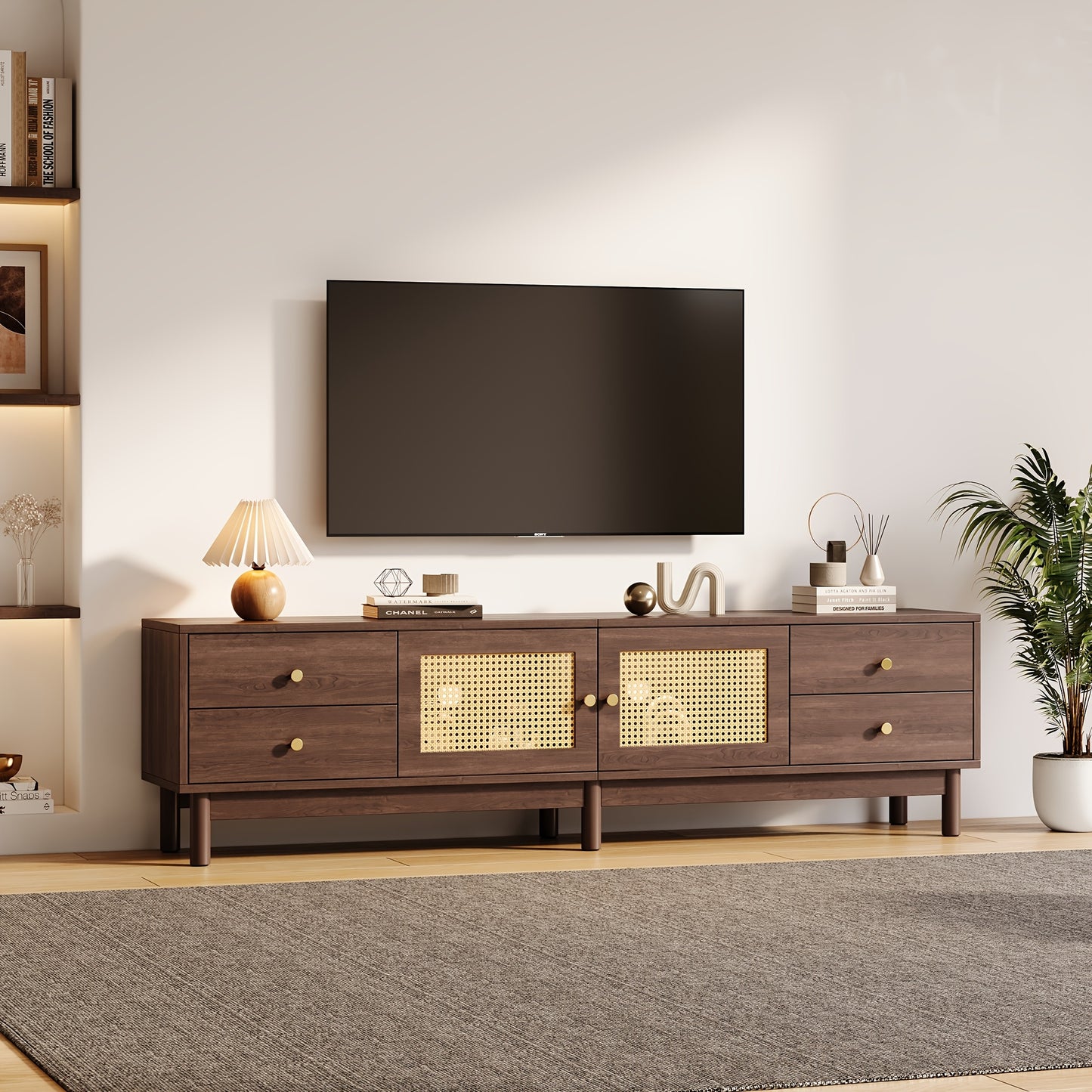 Tv-meubel – Tv-standaard – Tv-kast – Tv-buffet – Donker Hout – Rieten Deuren – 179,83 cm Breed – Hydraulische Scharnieren & Kabelmanagement