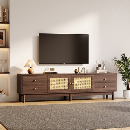 Tv-meubel – Tv-standaard – Tv-kast – Tv-buffet – Donker Hout – Rieten Deuren – 179,83 cm Breed – Hydraulische Scharnieren & Kabelmanagement