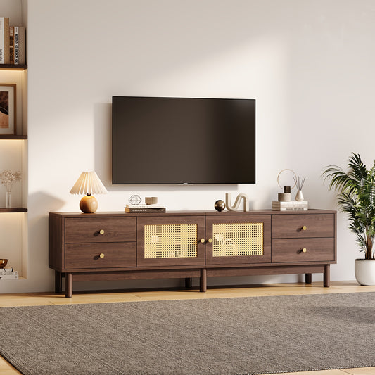 Tv-meubel – Tv-standaard – Tv-kast – Tv-buffet – Donker Hout – Rieten Deuren – 179,83 cm Breed – Hydraulische Scharnieren & Kabelmanagement