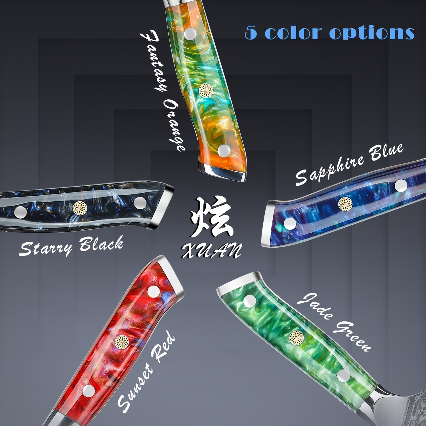 Steak Knives Set of 4, Ultra Sharp Non Serrated Kitchen Steak Knife 12.7 cm - Damascus Steel & Resin Handle - Xuan Series(Artificial jade Green)