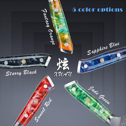 Steak Knives Set of 4, Ultra Sharp Non Serrated Kitchen Steak Knife 12.7 cm - Damascus Steel & Resin Handle - Xuan Series(Artificial jade Green)