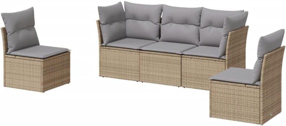 vidaXL 5-delige Loungeset met kussens poly rattan beige, tuinset, tuinmeubel, terrasset, tuinbank, terrasmeubel, loungebank, loungeset tuin - QUORE