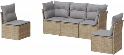 vidaXL 5-delige Loungeset met kussens poly rattan beige, tuinset, tuinmeubel, terrasset, tuinbank, terrasmeubel, loungebank, loungeset tuin - QUORE
