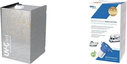 WM aquatec UV-C led-waterdesinfectie-eenheid voor waterdesinfectie, tot 8 liter/min & WM aquatec Mobile Edition Waterfilterset voor voorfiltratie, filtert roest, zand en vuilstoffen in het water