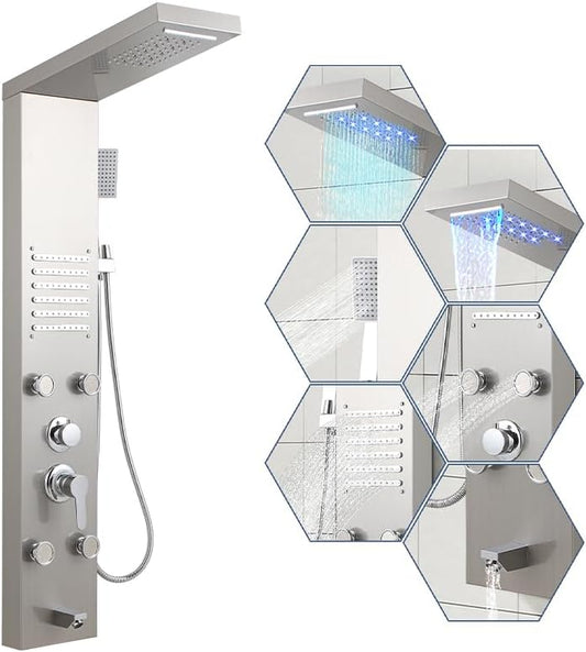 Douchepaneel – Douchezuil – Regendouche – Handdouche – Massagepaneel – 5 Functies – Verstelbare Massagejets – Roestvrij Staal – PVC Explosiebestendige Slang