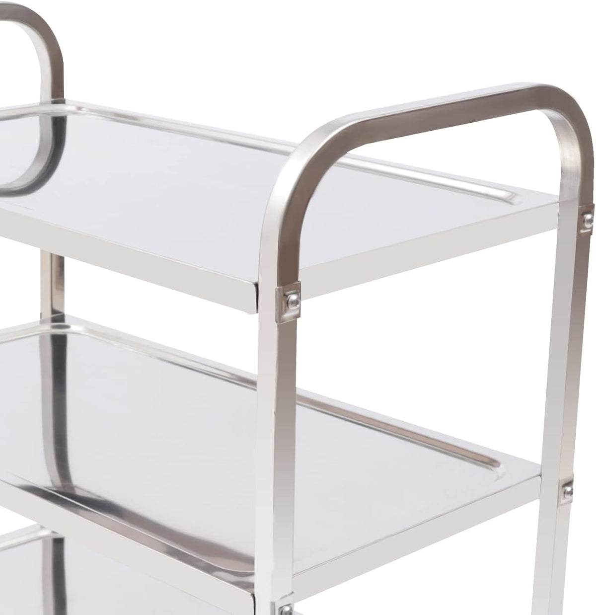 Stainless Steel Serving Trolley, 3 Shelves, Kitchen Trolley, Countersunk Trolley 4 360° Rotatable Welding Wheels (2 x Brakeable), Roll Shelf, 25 kg Load Capacity Suitable for Dining Room, Kitchen (75 - QUORE