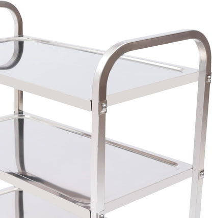 Stainless Steel Serving Trolley, 3 Shelves, Kitchen Trolley, Countersunk Trolley 4 360° Rotatable Welding Wheels (2 x Brakeable), Roll Shelf, 25 kg Load Capacity Suitable for Dining Room, Kitchen (75 - QUORE
