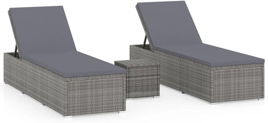vidaXL 3-piece Sunbed set with tea table poly rattan grey
