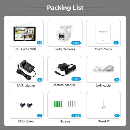 SriHome WiFi videobewakingsset, 4 camera's 5 MP, monitor 10,1 inch, nachtzicht, bewegingsdetectie, afstandsbediening