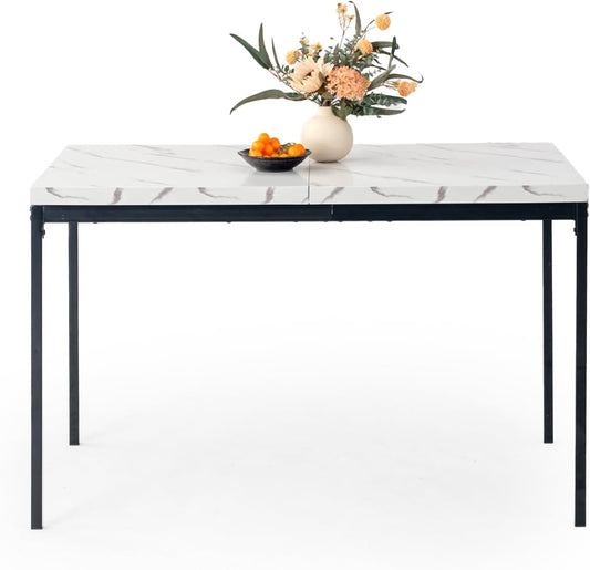 FurnitureR Wit marmeren rechthoekige eettafel, L120 cm voor 4-6 personen, modern minimalistisch design, dikke houten top met metalen frame, elegant middenstuk voor thuis of kantoor, buiten en binnen,