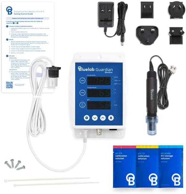bluelab Guardian Monitor inline wifi voor real-time metingen van pH, temperatuur en geleiding (TDS/PPM) in water met kalibratie, 3-1 digitale voedingsstofmeter voor inline doseersystemen