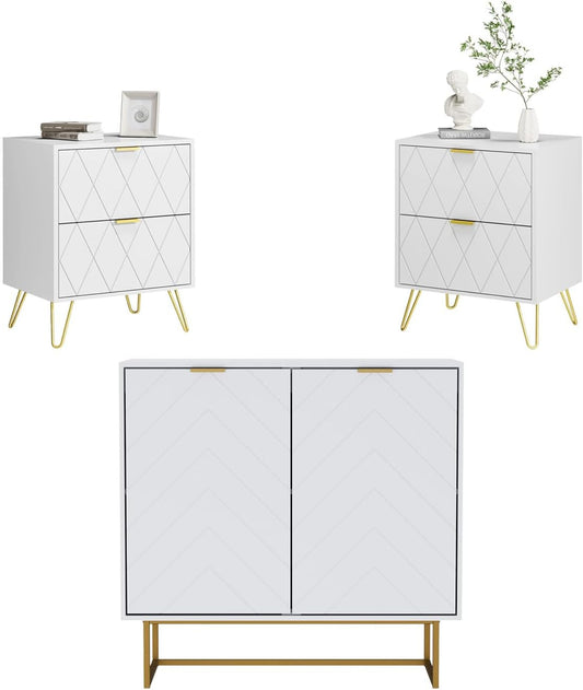 Slaapkamermeubelset – Dressoir – Nachtkastje – Opbergkast – Bijzettafel – Scandinavisch Design – MDF Metalen Pootjes – Gouden Details – Wit – Compacte Afmetingen – Verstelbare Planken