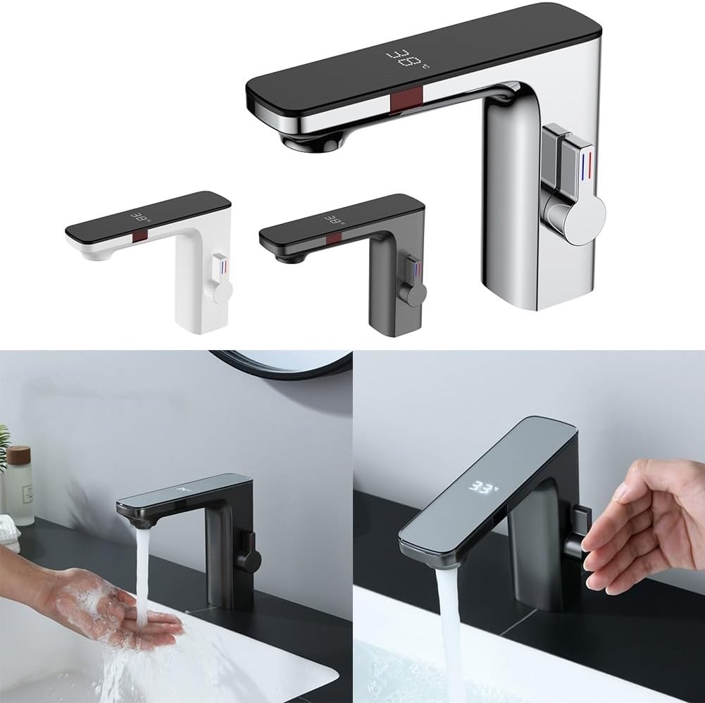 Smart Sensor Wastafelkraan, Badkamer Wastafel Sensor Kranen Digitaal Display Screen Warm Koud Water Mengkraan, Touchless Automatische Kraan 1/2" (Chroom)