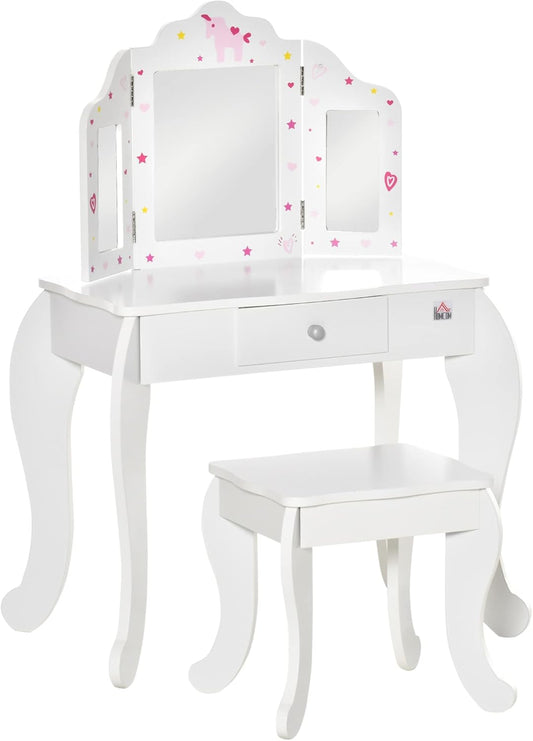 HOMCOM 2-Piece Children's Dressing Table with Stool Dressing Table Dressing Table with Drawer Mirror for 3-6 Years MDF Acrylic Pink + White 63 x 40 x 85.5 cm - QUORE