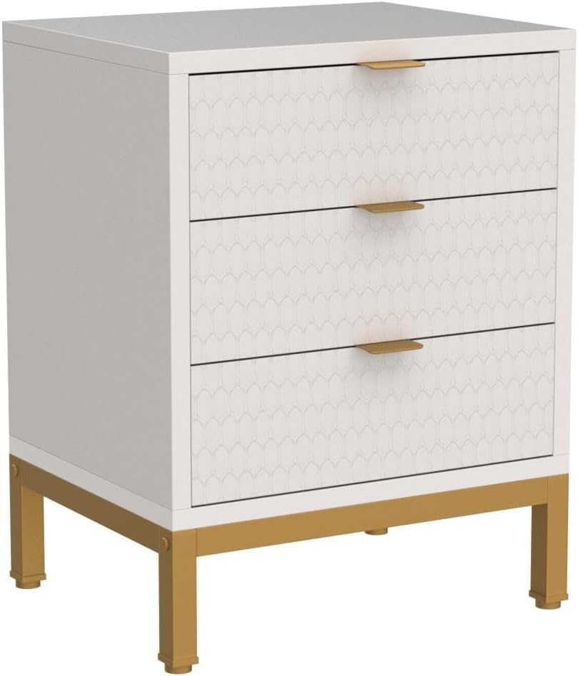 Tribesigns Modern Bedside Table, 65.5 cm High, Bedside Table with 3 Drawers, Modern Side Table with Storage Space for Bedroom, Living Room, White and Gold (1 Piece)