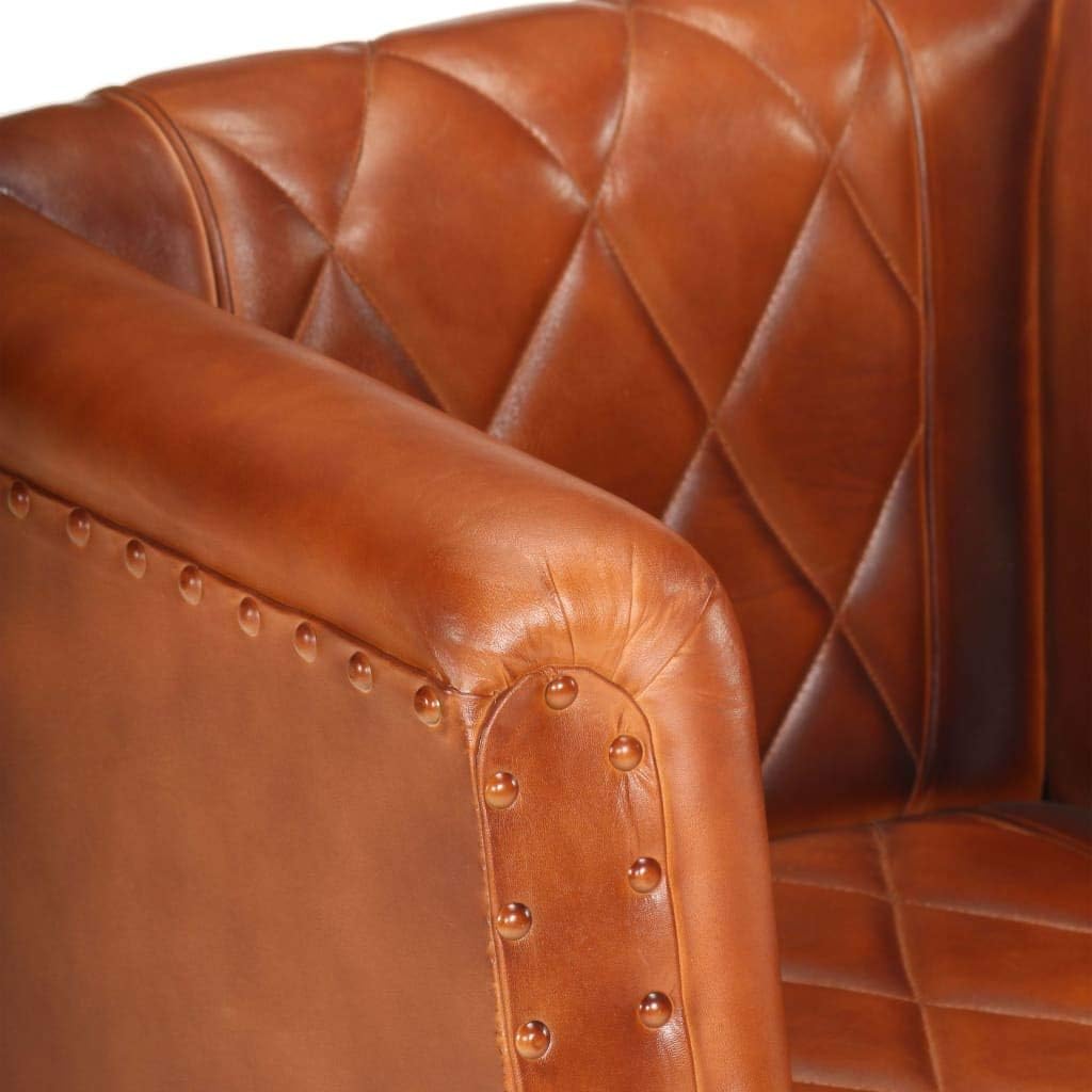 Fauteuil Bruin Echt Geitenleer – Loungestoel – Televisiestoel – Relaxstoel – Bureaustoel – Massief Mangohouten Poten – Extra Dikke Voering