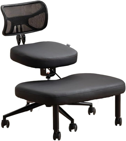 Kruis Legged Chair met wielen, veelzijdige kneelstoel met rugsteun, verstelbare stoel met hoekzitting voor betere houding, dikke comfortabele kussens, zwart