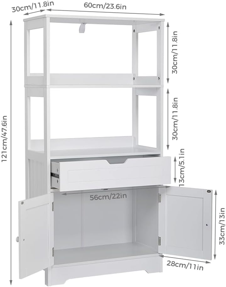 Meerveil Badkamer Opbergkast met Plank Ladedeuren voor Badkamer Keuken Woonkamer 60 x 30 x 121 cm (L x B x H), Wit - QUORE