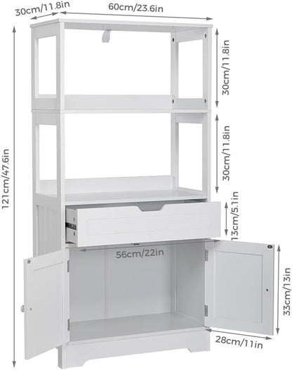 Meerveil Badkamer Opbergkast met Plank Ladedeuren voor Badkamer Keuken Woonkamer 60 x 30 x 121 cm (L x B x H), Wit - QUORE